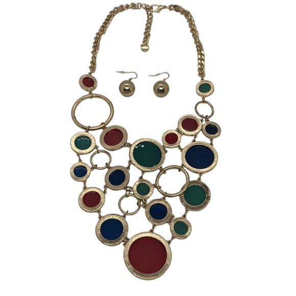 Fabulous Fashion 15” Gold Chain Necklace & Earrings Red Green Blue Disc Bib USA - Picture 7 of 16